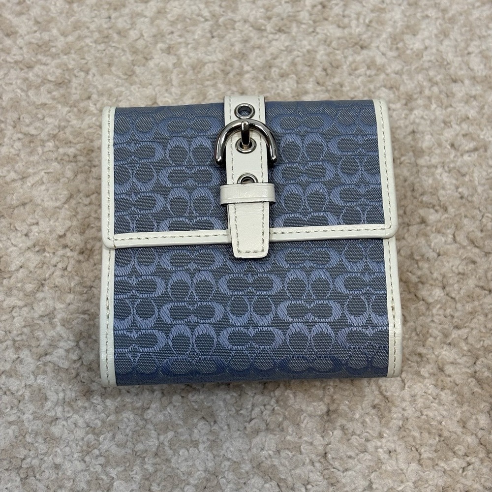 Vtg Coach Signature Blue White Canvas and Leather Trifold Wallet Jacquard